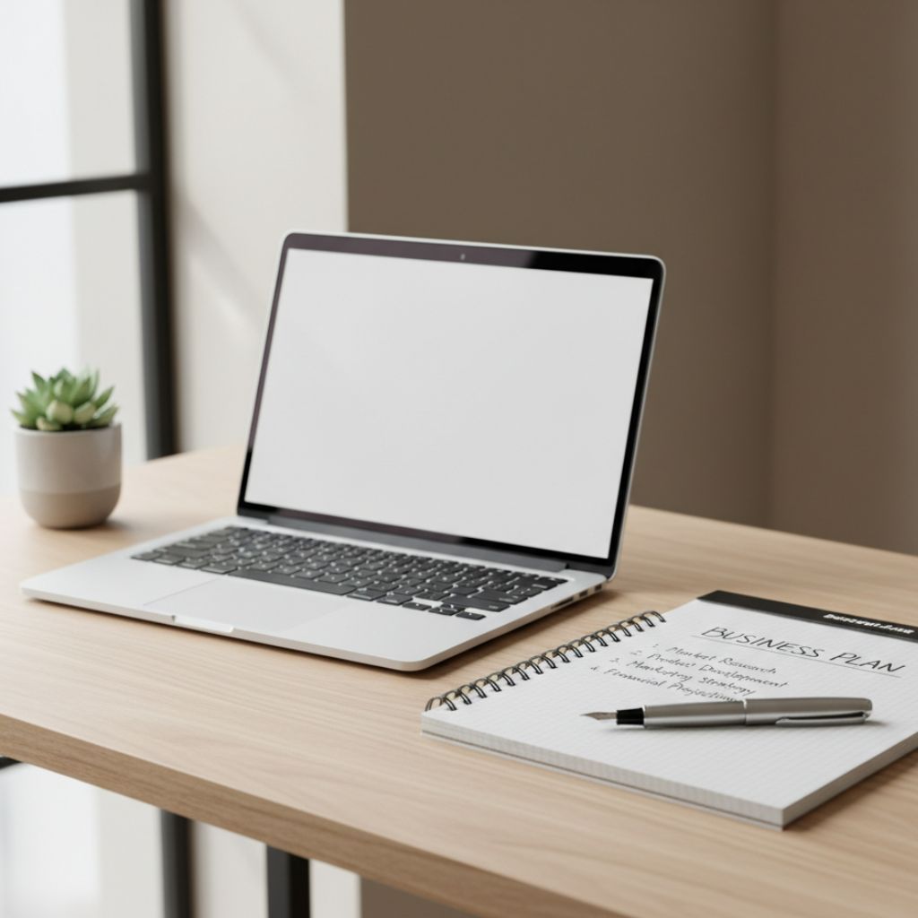 Laptop on a wooden desk with a blank screen beside a small potted plant and a spiral notebook labeled Business Plan with a pen on top