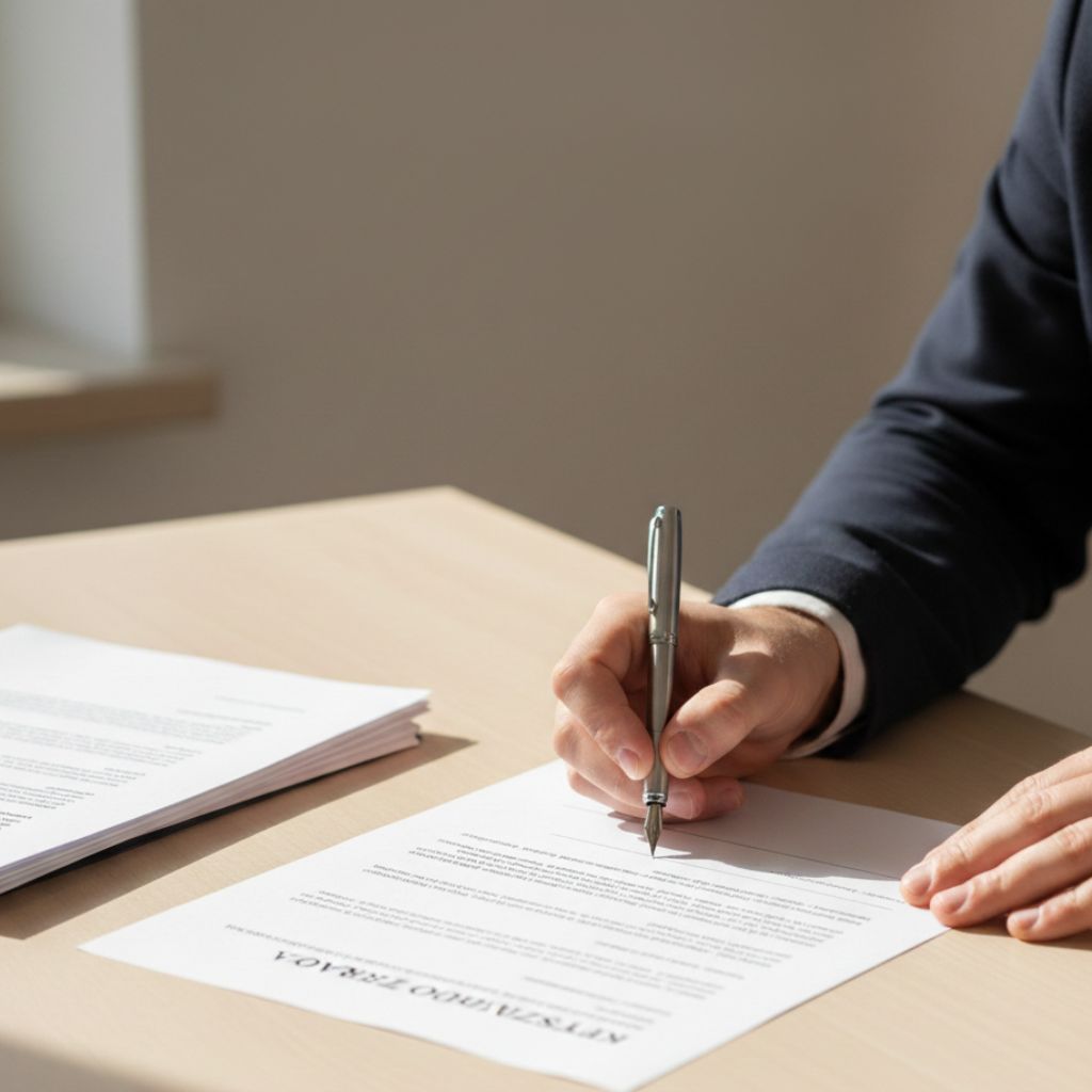 Person in a dark suit signs a contract with a silver pen at a wooden desk with papers nearby