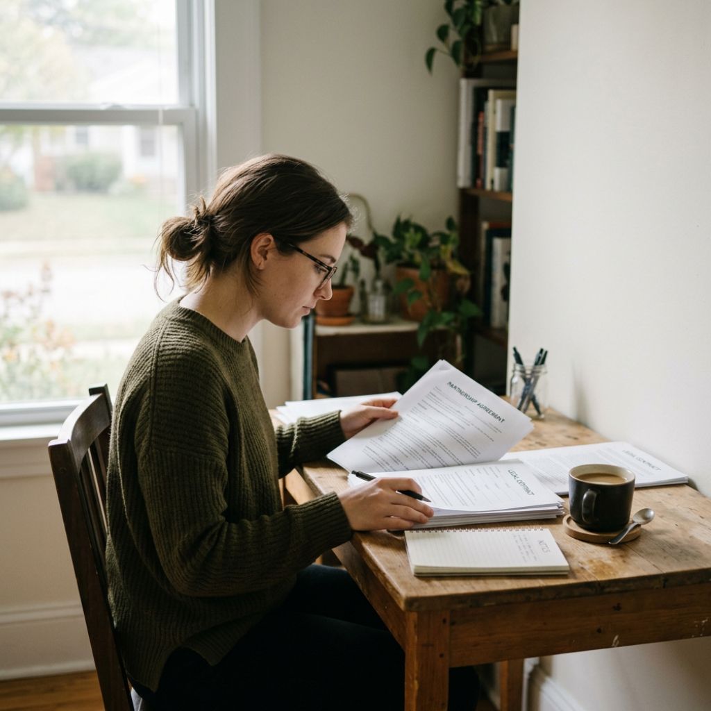 Person sitting at a wooden desk studying with papers notebook and a mug in a cozy home office by a window