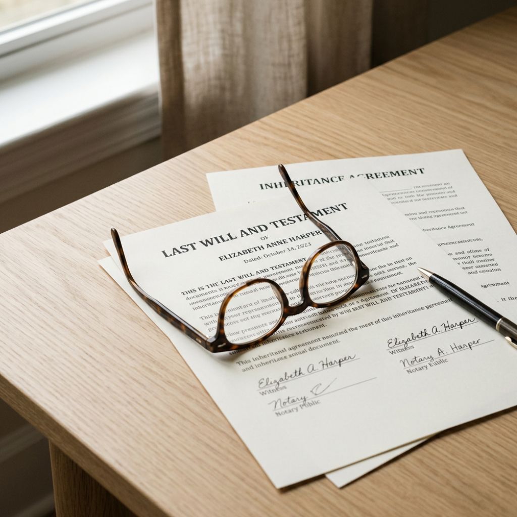 Last Will and Testament documents on a wooden desk with reading glasses and a pen