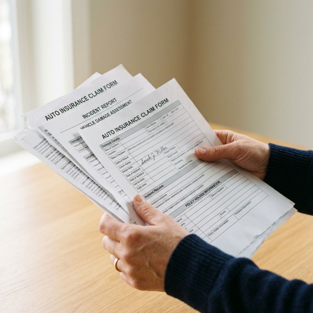 Person holding and inspecting auto insurance claim forms over a wooden table