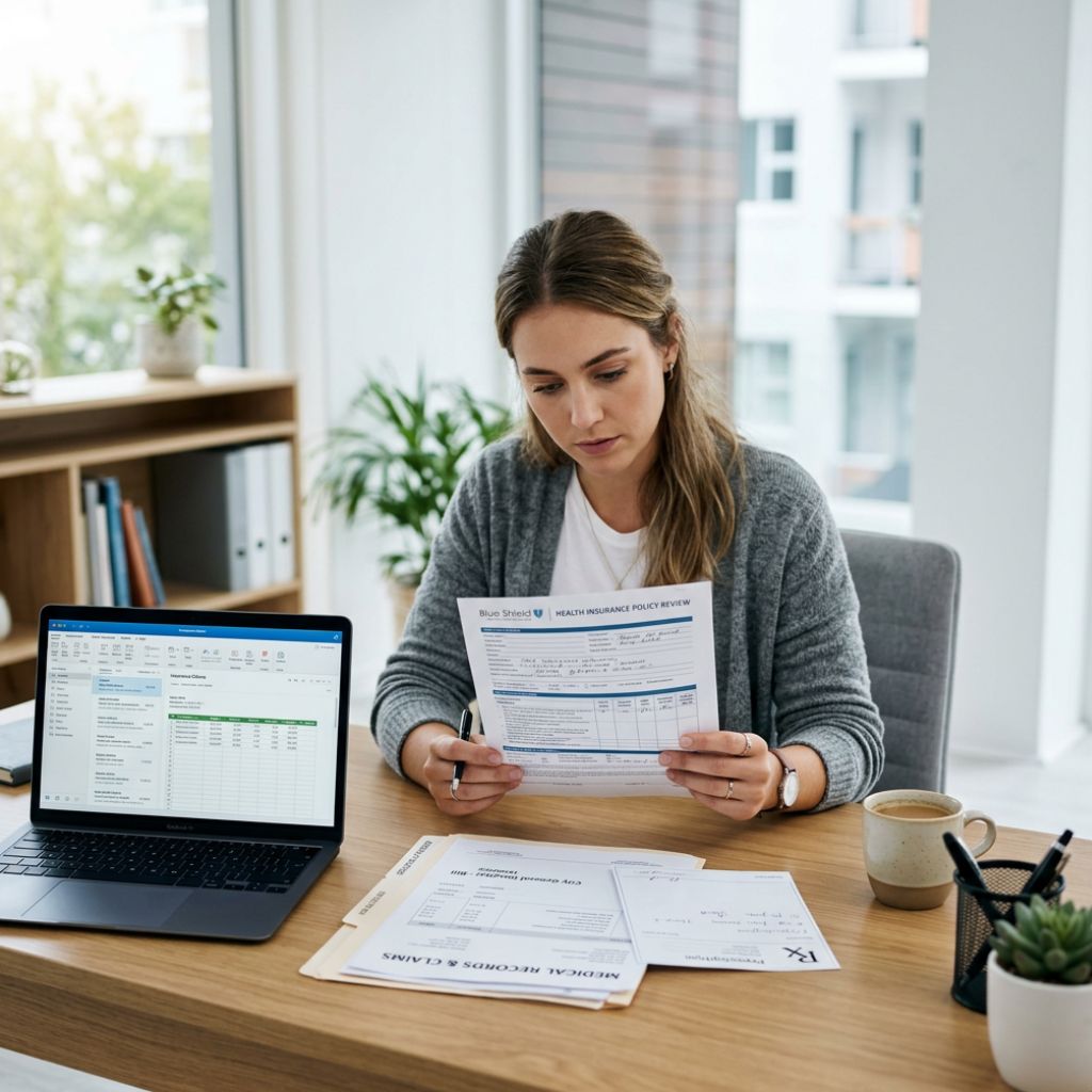 Woman in a gray cardigan reads health insurance policy forms at a wooden desk with a laptop mug and scattered papers