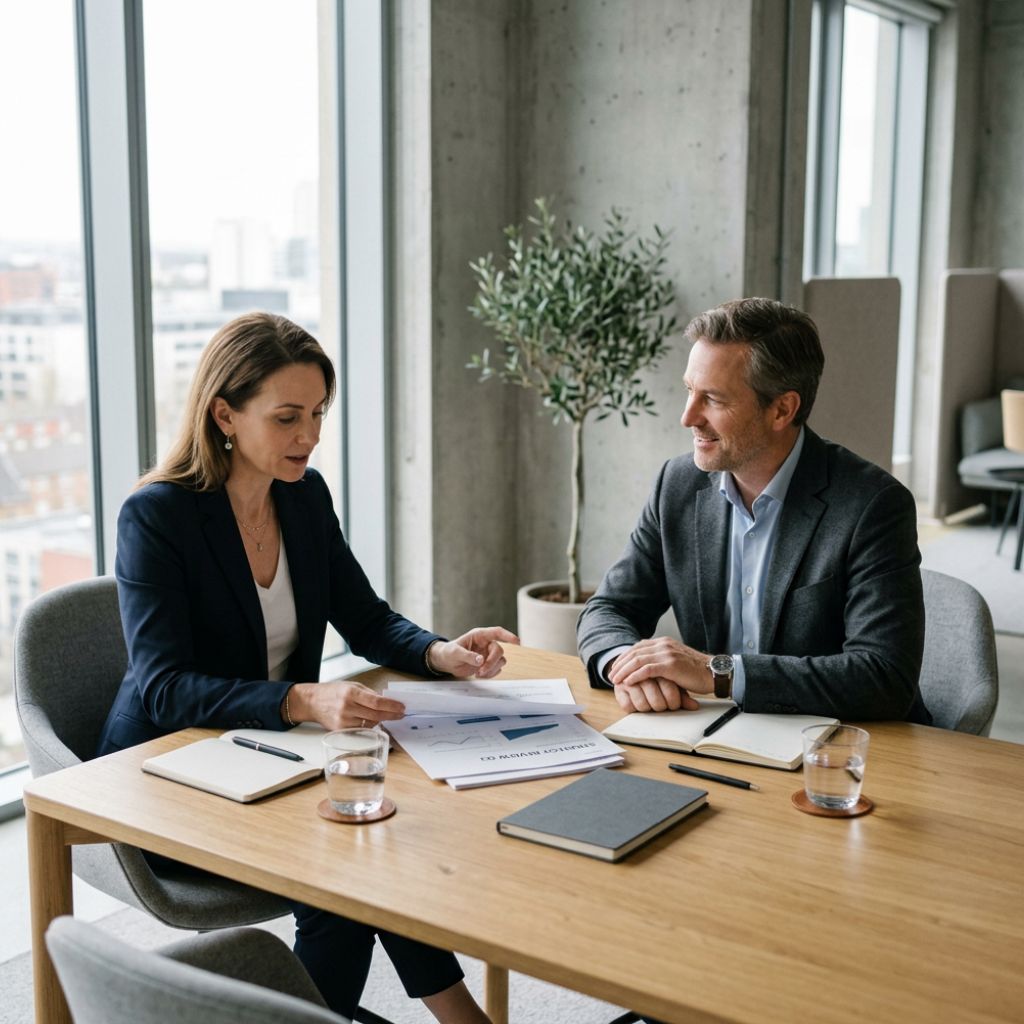 Two professionals in business attire review documents at a wooden table in a bright modern office