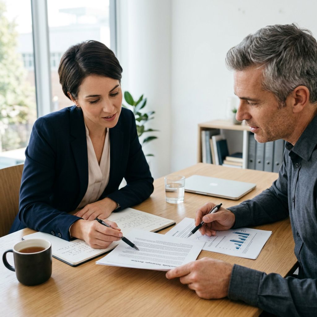 Two professionals in a meeting reviewing documents at a wooden table with a coffee mug and charts nearby