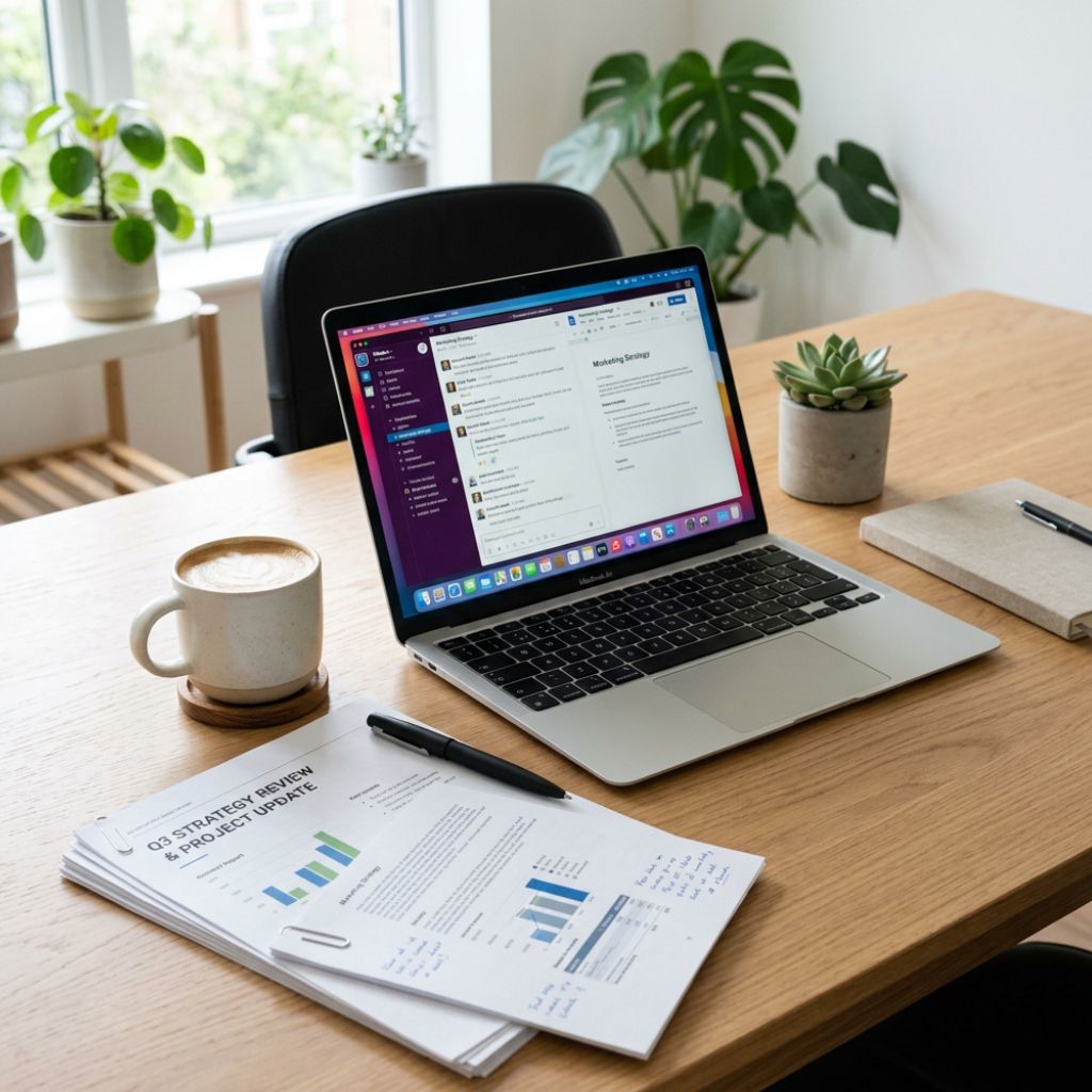 Laptop open on a wooden desk with a cup of coffee printed charts a notebook and green plants by the window in a bright office
