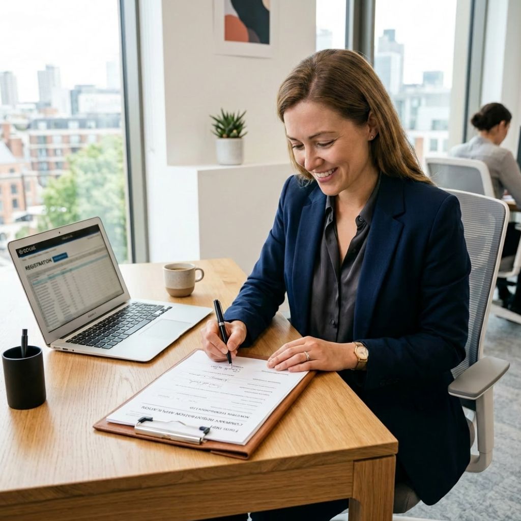 Professional woman in a navy blazer signs a document on a clipboard at a wooden desk with a laptop and coffee mug nearby in a bright office overlooking a cityscape