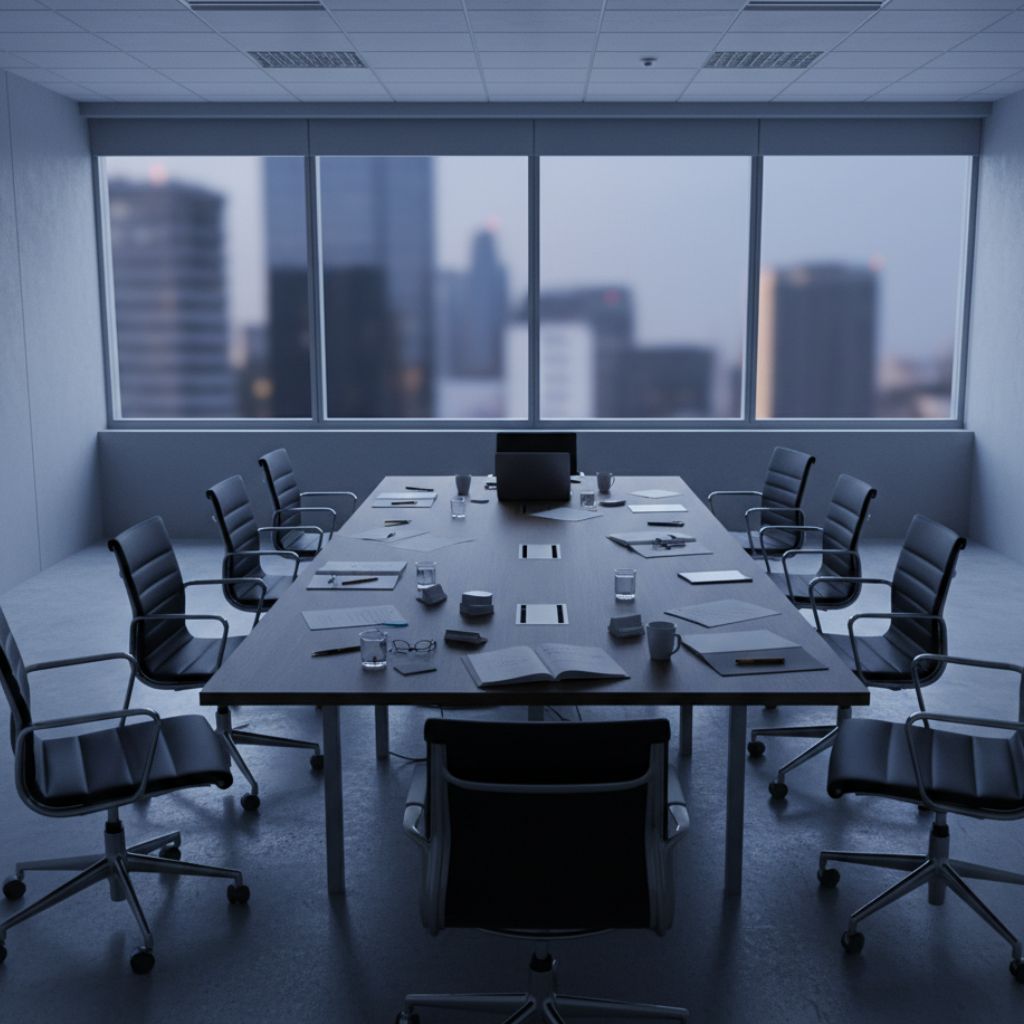 A long conference table in a modern office surrounded by black rolling chairs with papers notebooks and glasses on the table and a cityscape outside the windows
