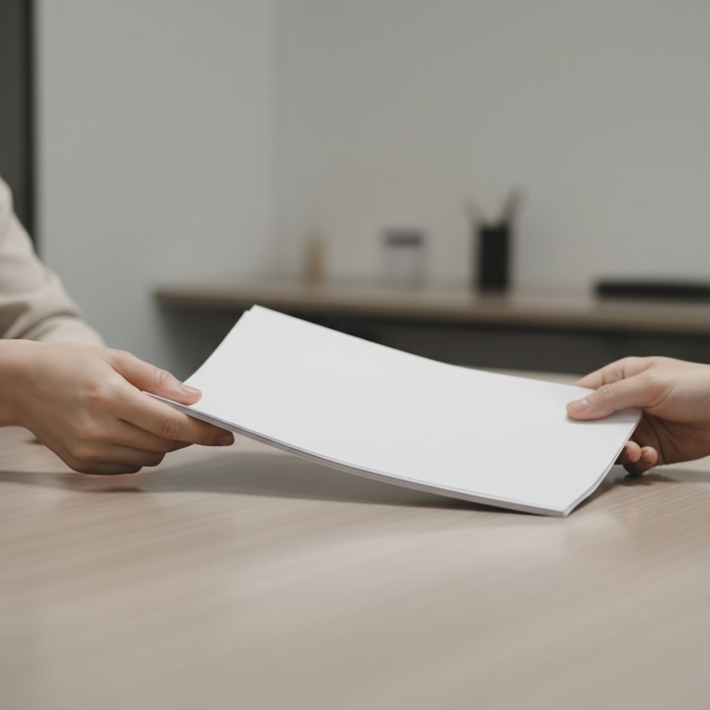 Two hands exchange a blank sheet of white paper over a wooden desk in an office setting