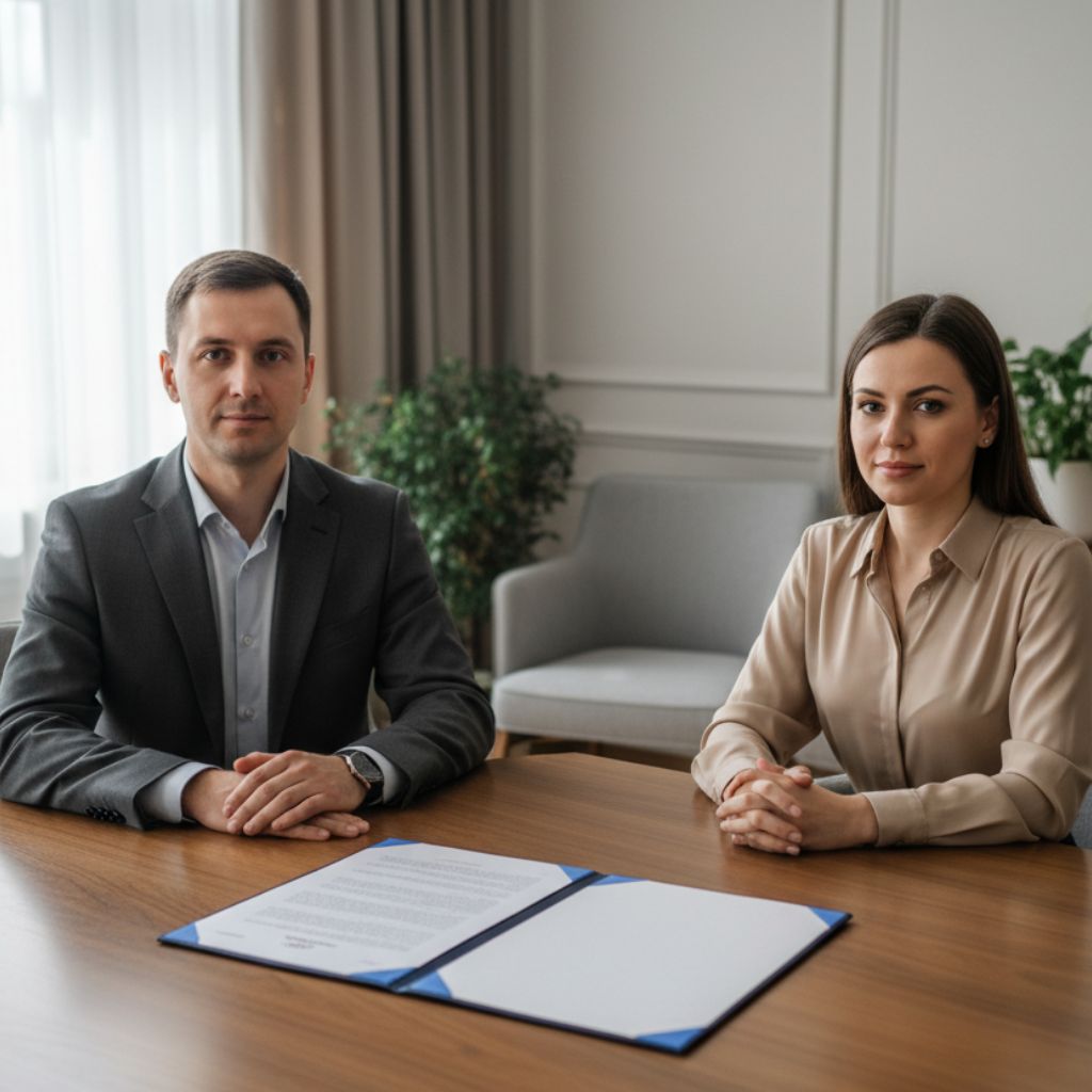 Two professionals sit at a wooden table with an open folder of documents in a bright office Progress and collaboration feel conveyed