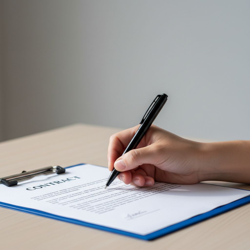 Persons hand holding a black pen and signing a contract on a clipboard at a wooden table