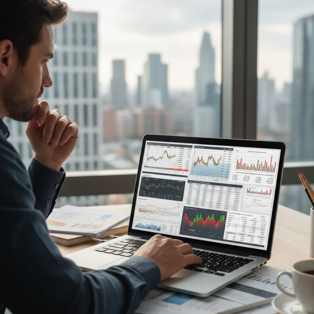 Man in a dark shirt studies financial dashboards on a laptop with multiple charts city skyline in the window