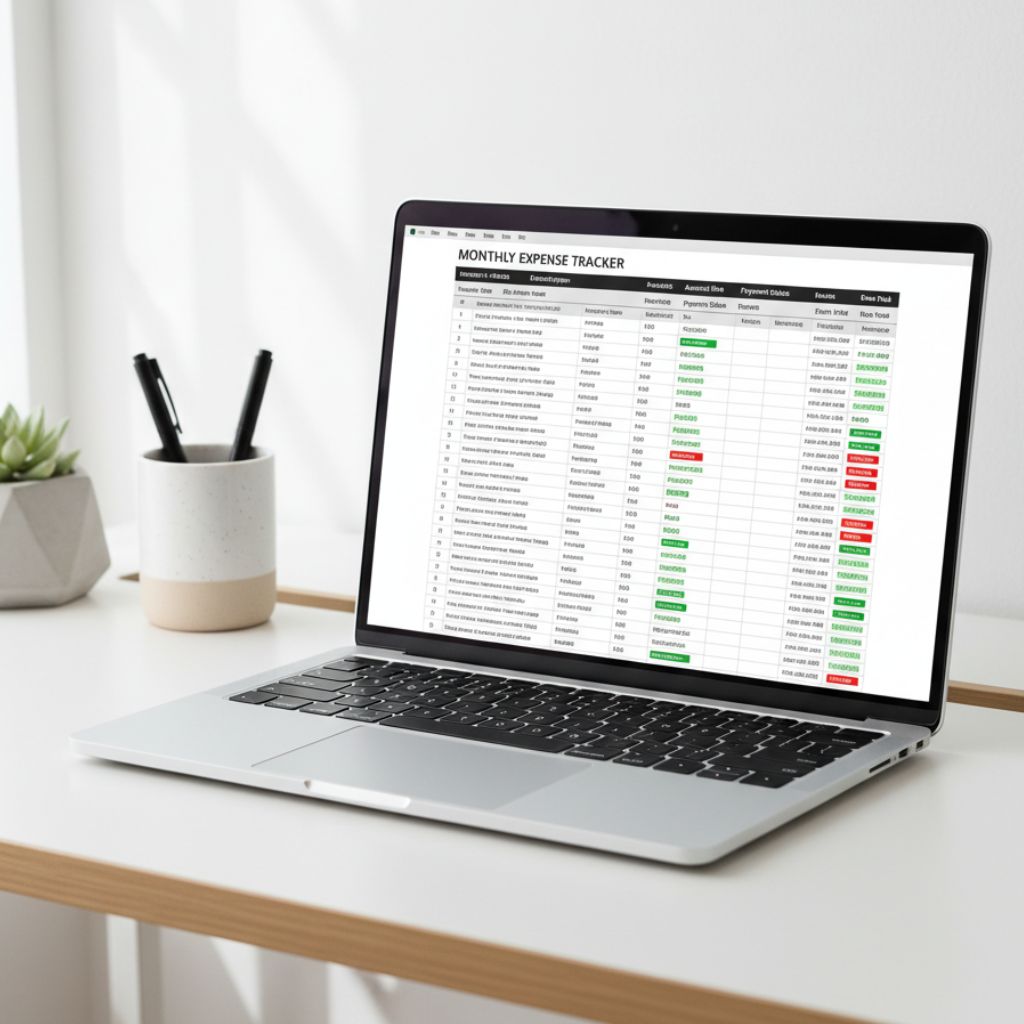Open silver laptop on a white desk displaying a spreadsheet titled MONTHLY EXPENSE TRACKER with columns of data and greenred highlights