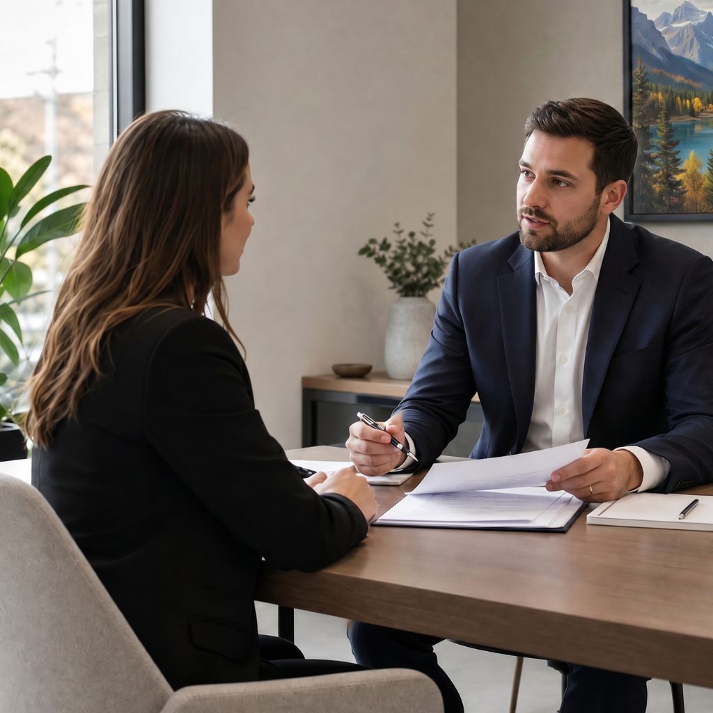 Professional man in a navy suit and white shirt reviews documents with a woman in a black blazer at a wooden table in a bright office