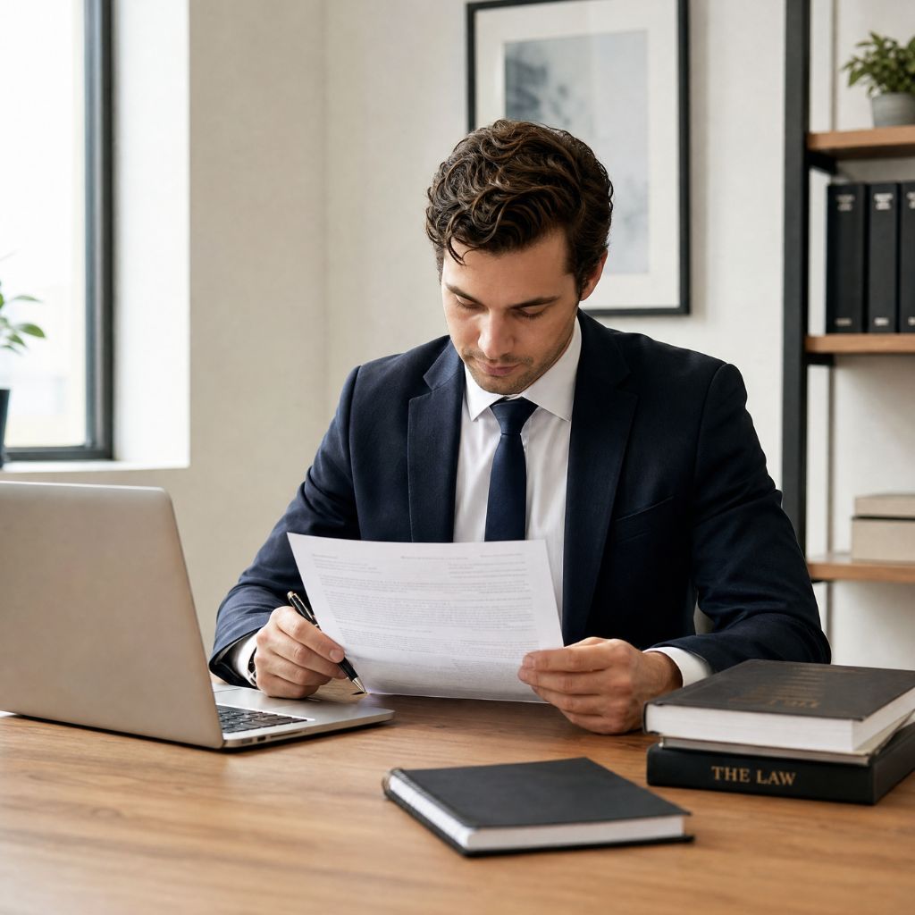 A man in a navy suit and tie sits at a desk reviewing a document with a pen beside a laptop and law books nearby