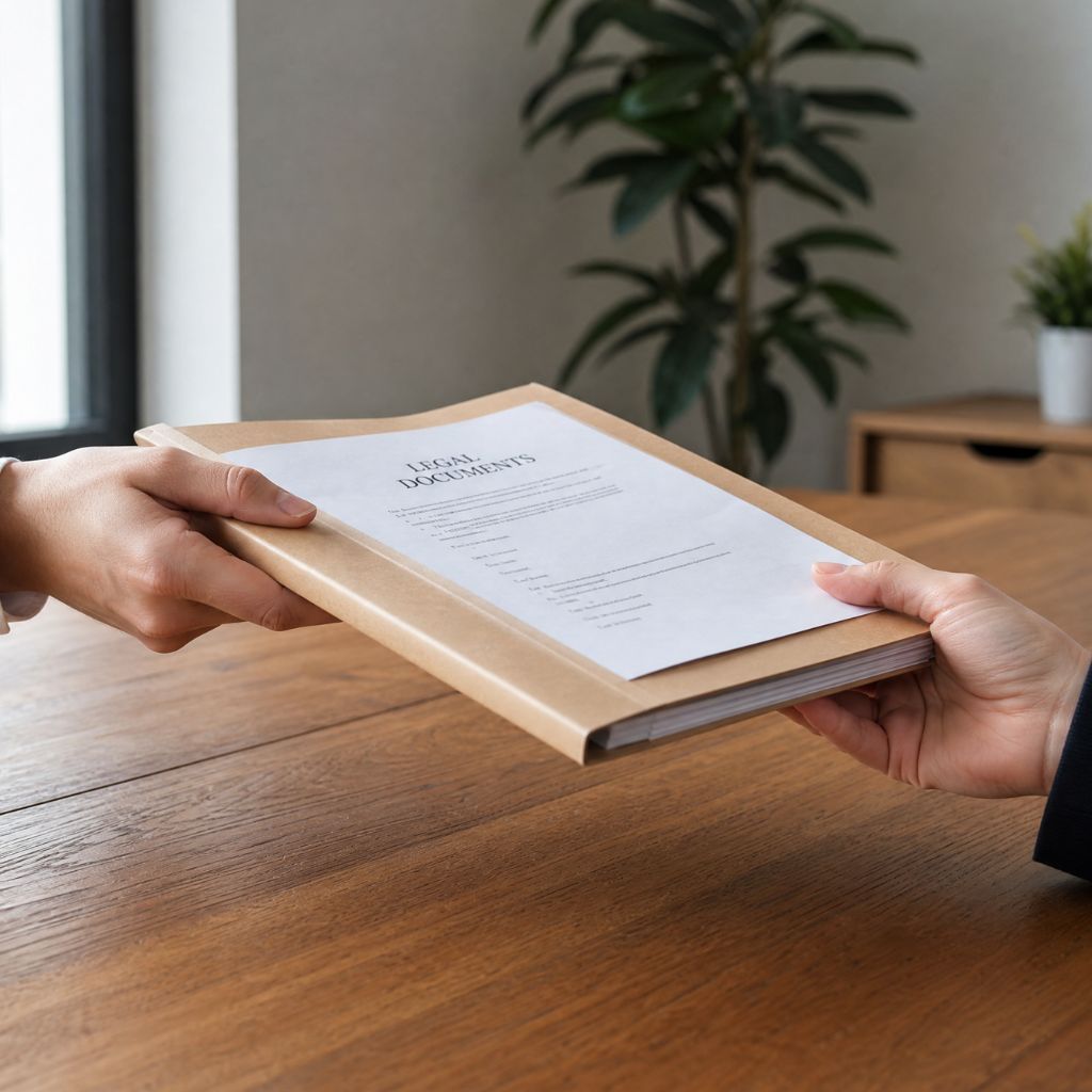 Two hands exchange a large brown envelope with a sheet labeled Legal Documents on a wooden table in an office setting