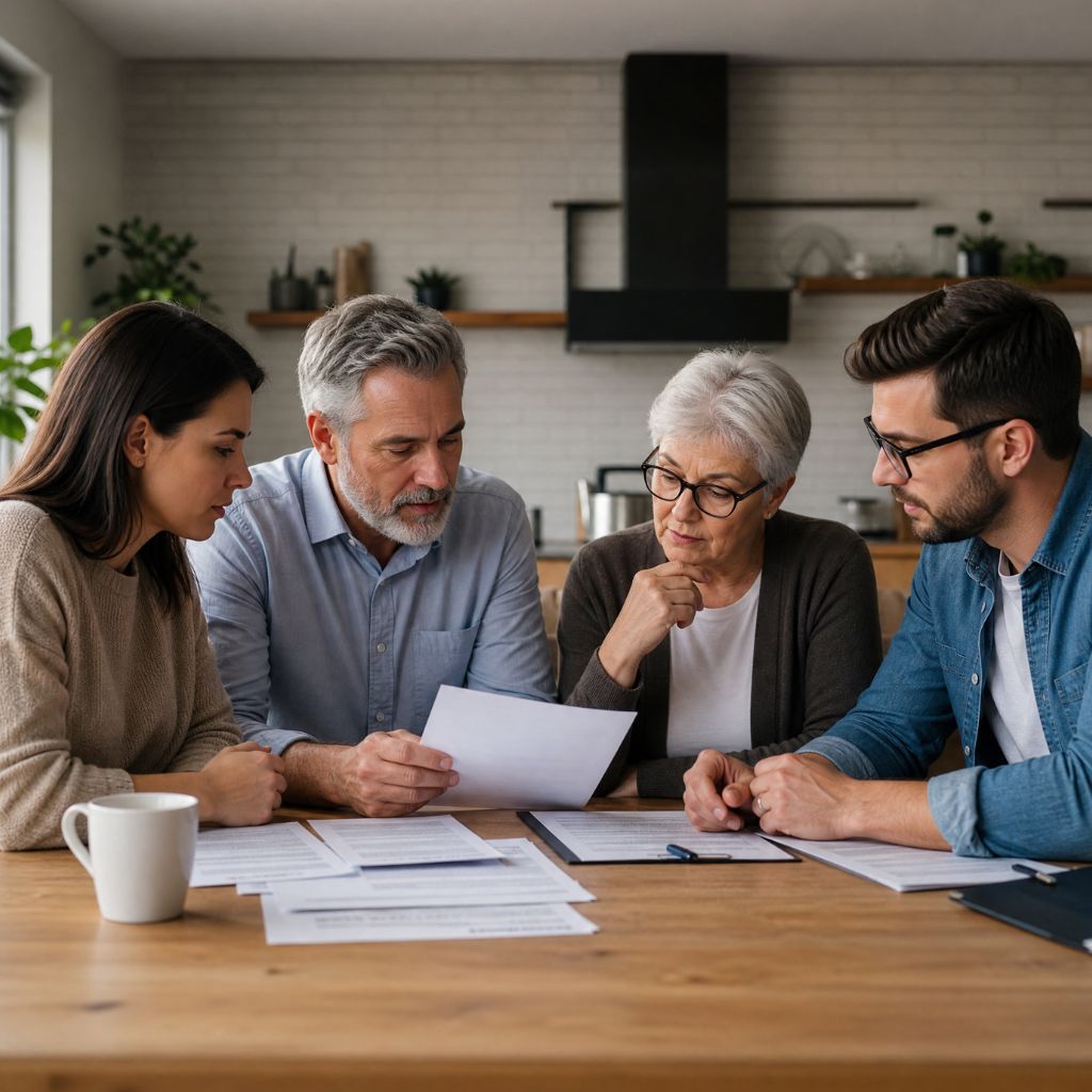 Four adults sit around a wooden table reviewing documents together in a bright kitchen setting