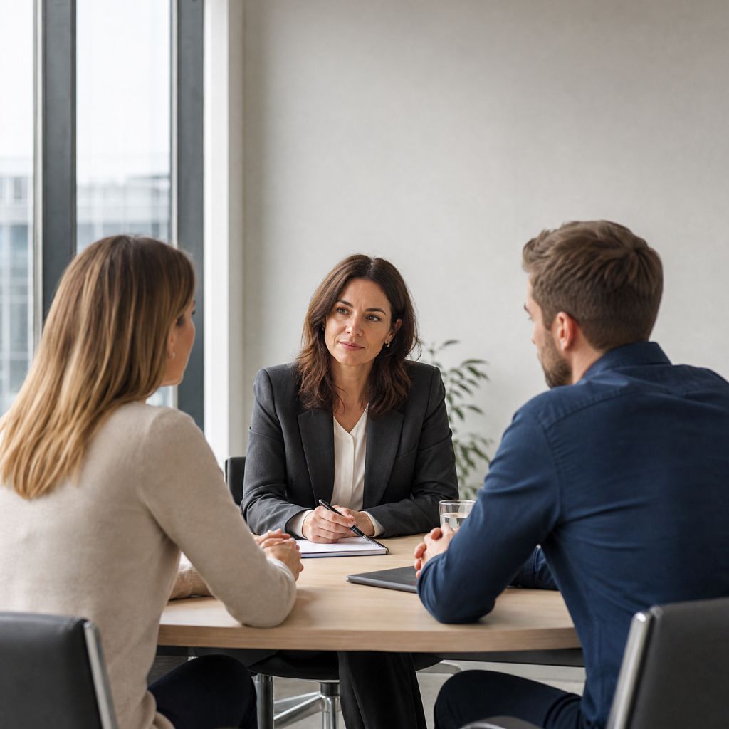 Three professionals sit around a round table in a modern office the woman in the center speaks while the others listen