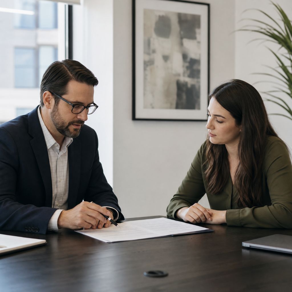 Man in a suit signs a document as a woman watches in a modern office