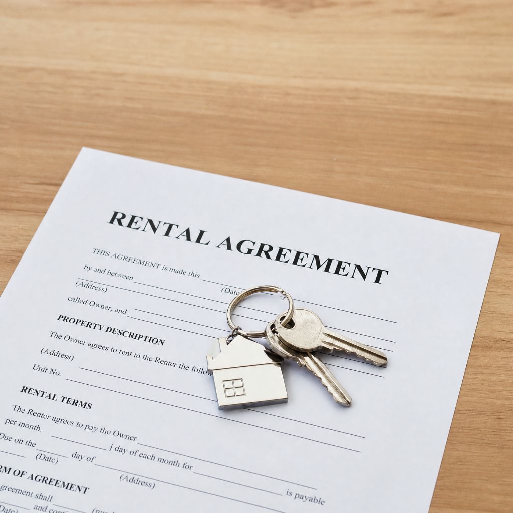 Rental agreement form on a wooden desk with a set of house keys and a small keychain on top