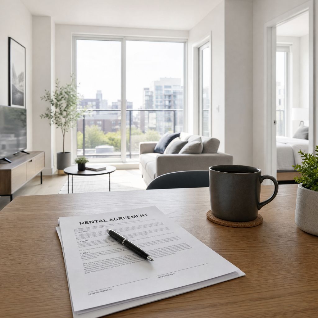 Rental agreement document on a wooden table beside a dark mug in a bright living room with a sofa and large windows behind