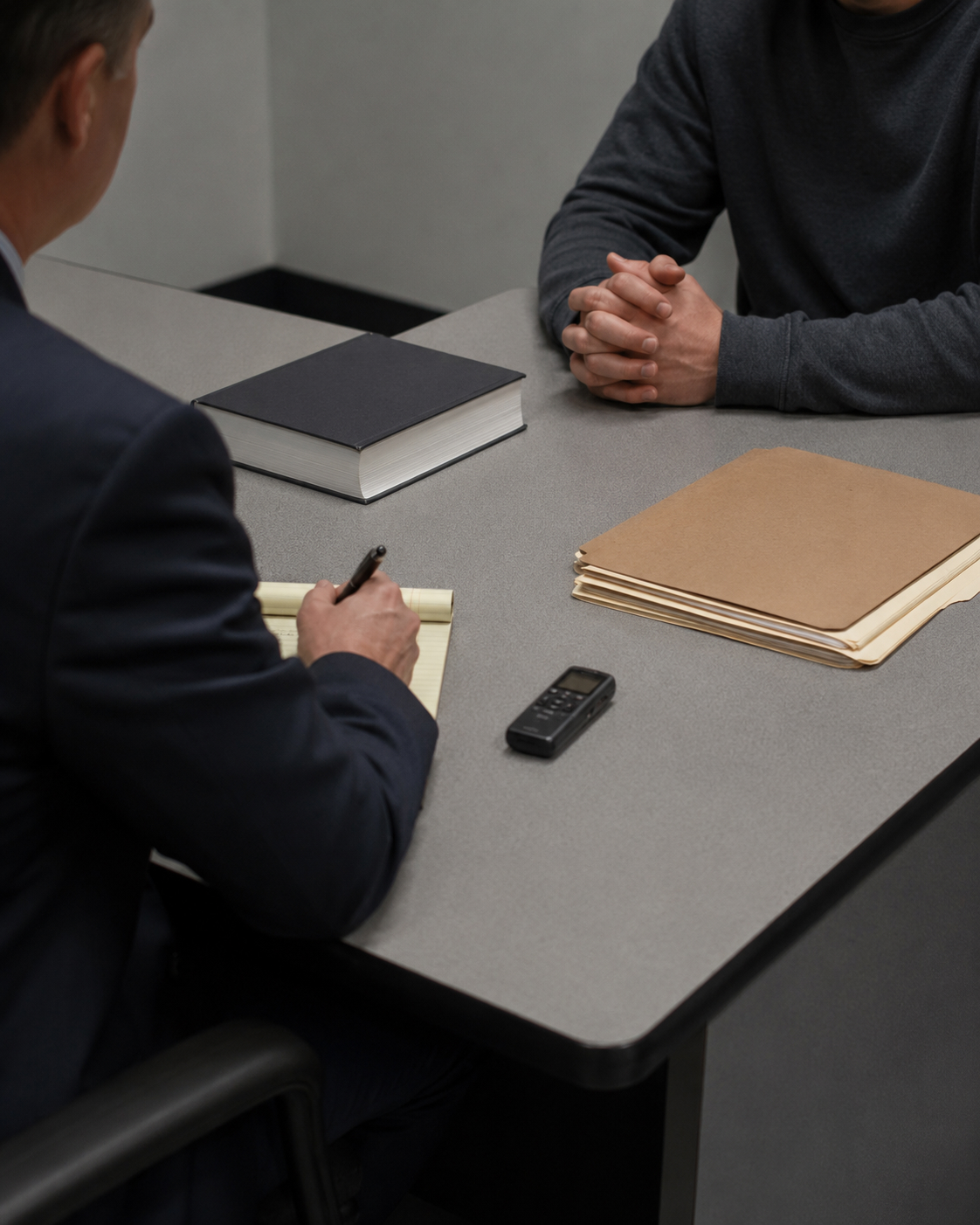 Two people sit at a gray table one writes in a notebook while the other clasps their hands with a binder book and a small recorder on the desk