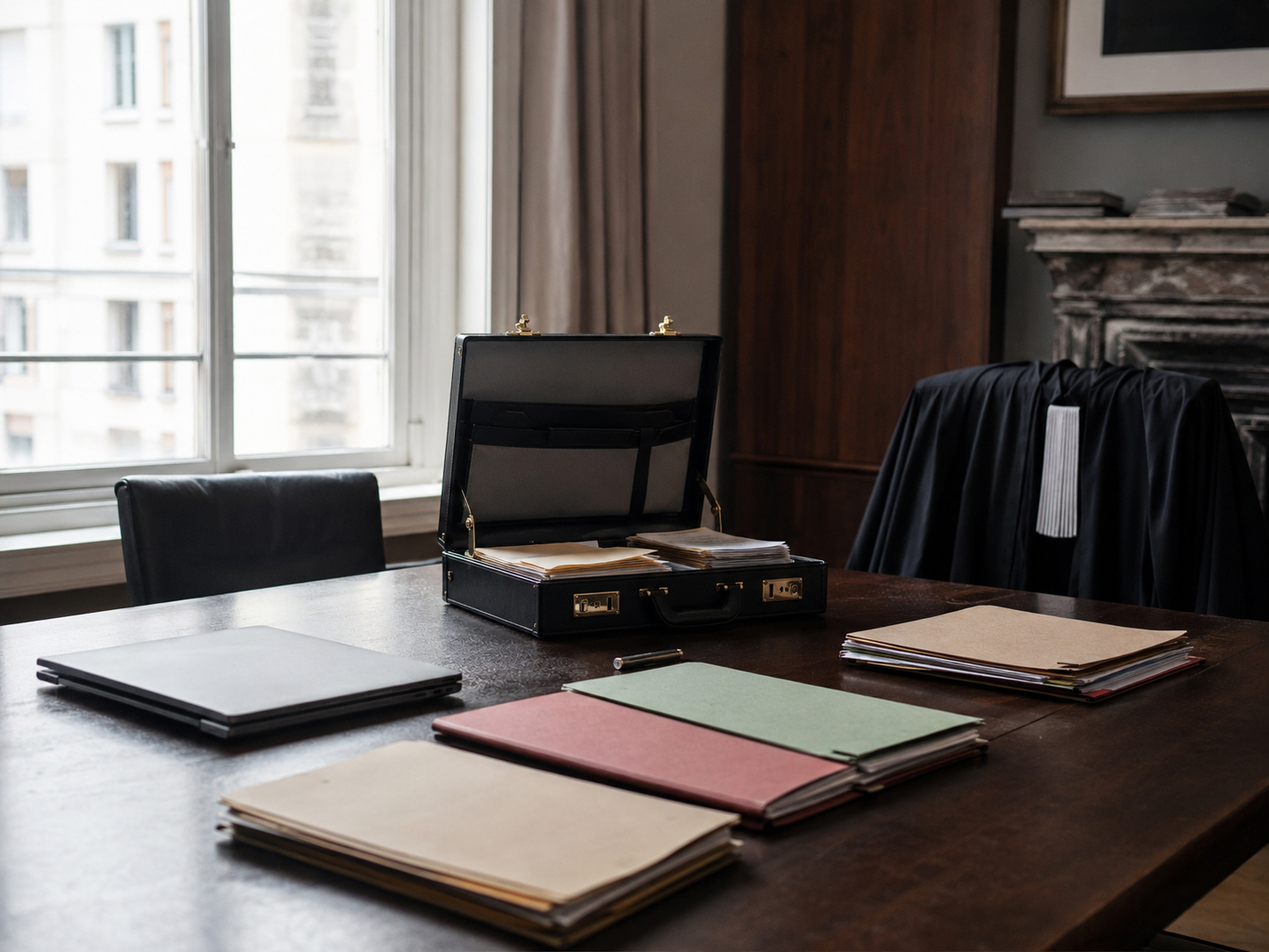 Open black briefcase on a dark wooden desk with papers inside and a closed laptop nearby in a bright office by a window