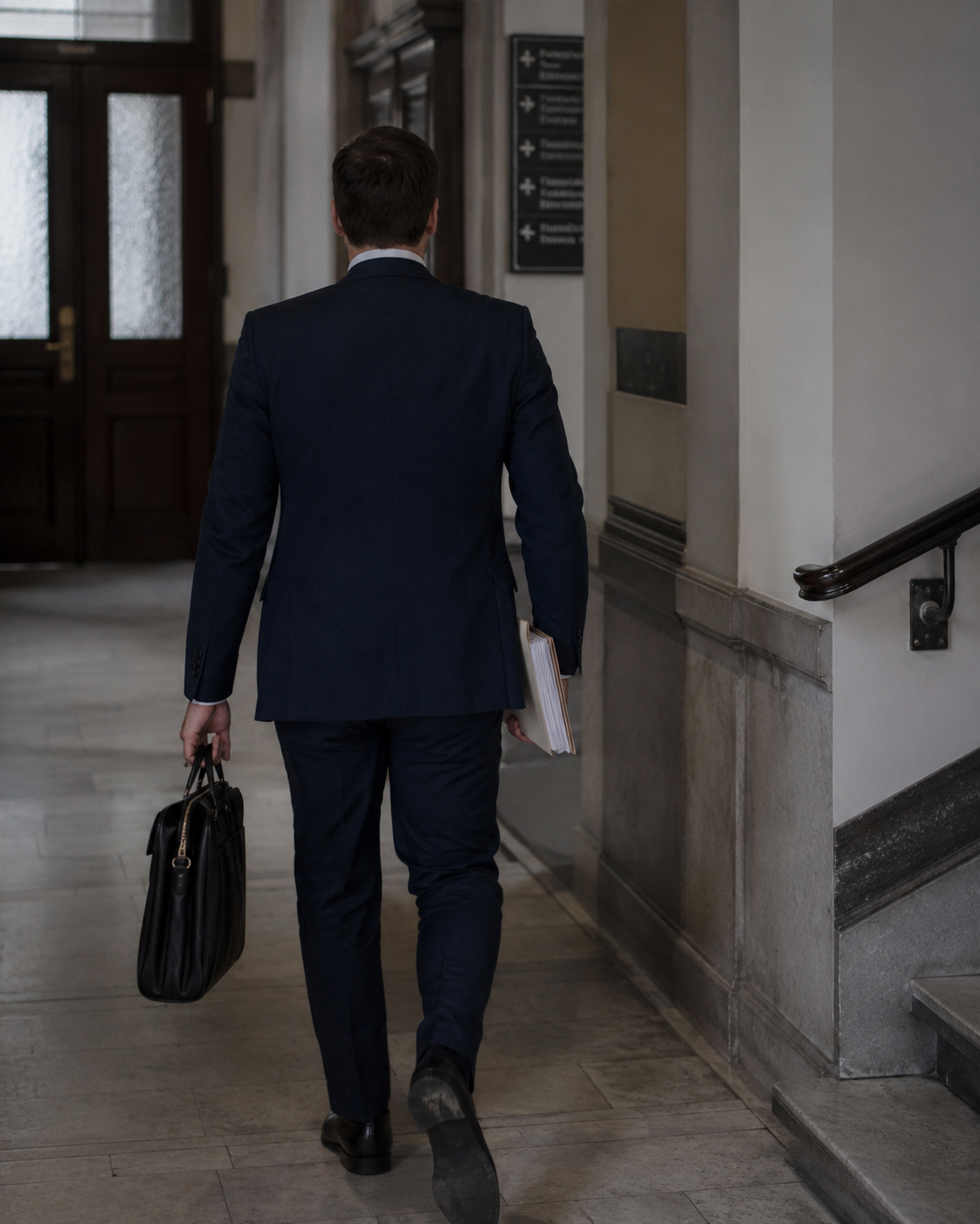 Man in a navy suit walks away down a hallway carrying a black briefcase and a notebookfolder in hand