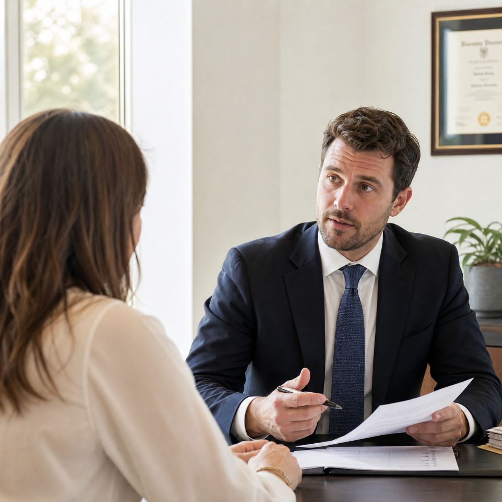 Man in a navy suit and blue tie speaks to a woman across a desk holding a pen and papers in a bright office
