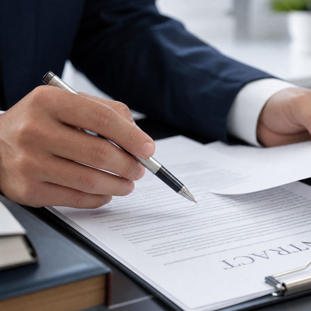 Close up of a person in a suit signing a contract with a silver pen on a desk