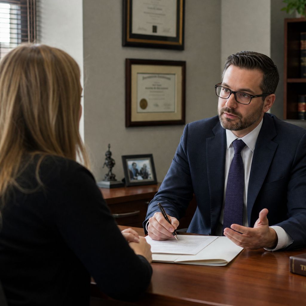 Professional consultation man in a suit signs a document across from a client in an office setting