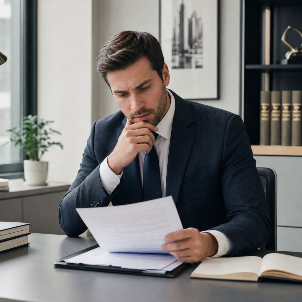 Man in a navy suit reads a document at a desk with a thoughtful hand on his chin in a modern office