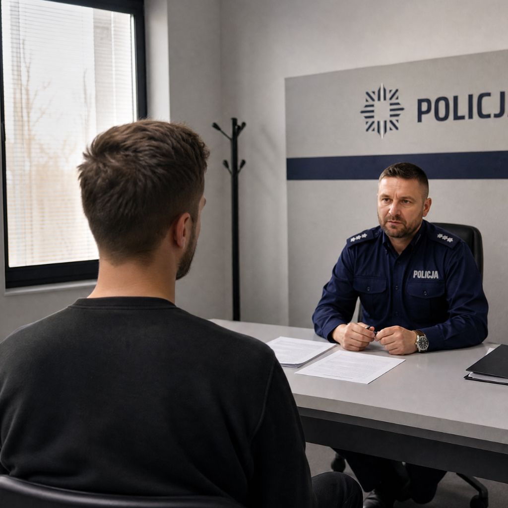 Policeman in a blue POLICJA uniform interviewing a man at a desk in a police station