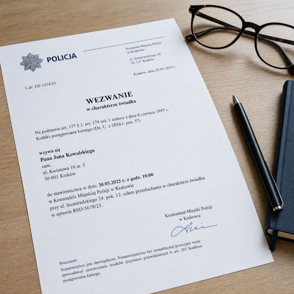 Polish police summons letter on a wooden desk with glasses and a pen nearby