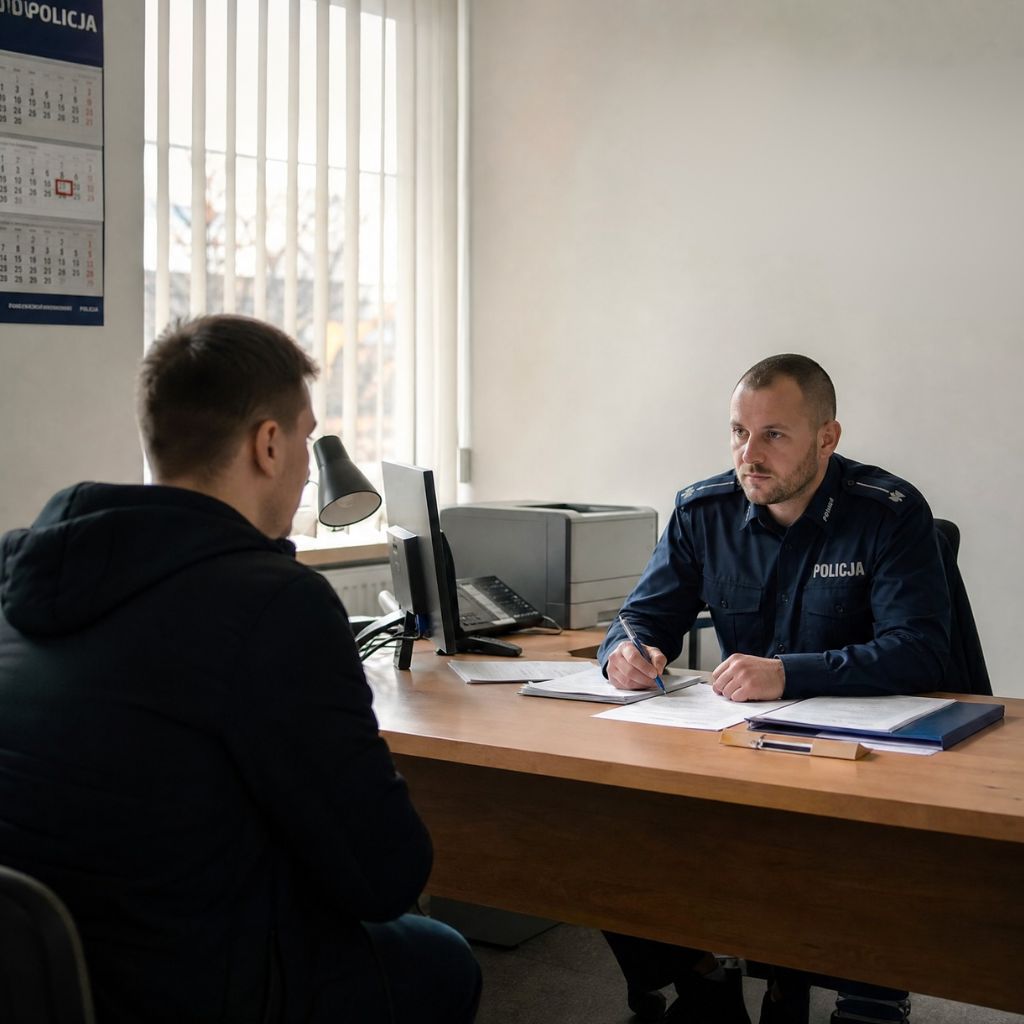 Policja officer in uniform interviews a man at a wooden desk with papers and a computer on it