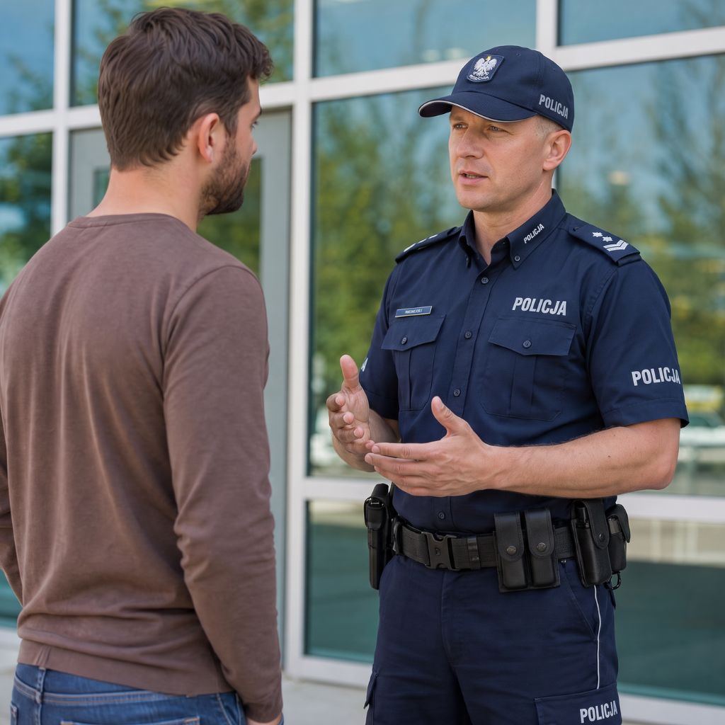 Policeman in a dark blue uniform talking to a man in a brown shirt outside a glass fronted building gesturing with his hands as he speaks