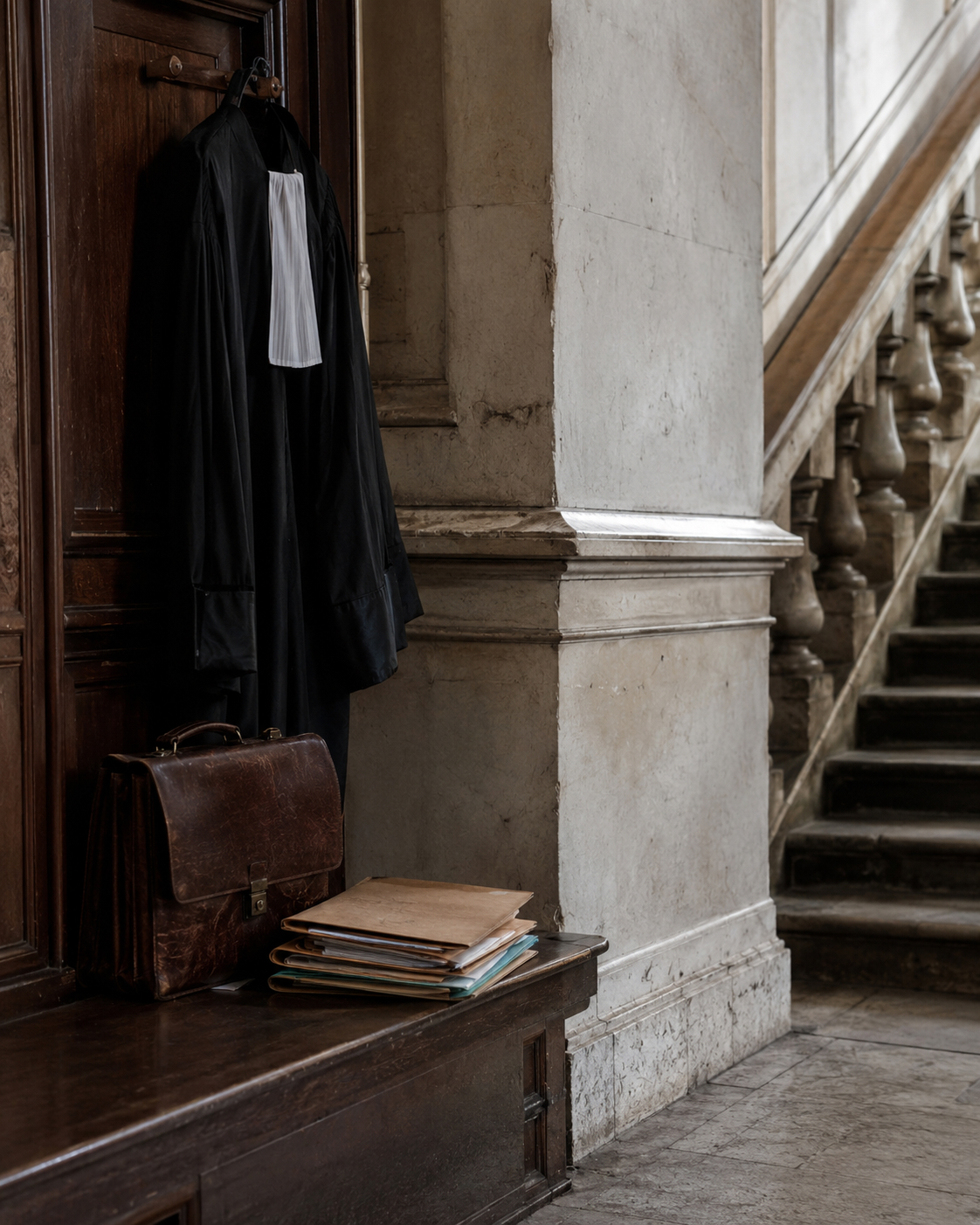 Black judges robe hangs on a wooden door beside a worn leather briefcase and a stack of folders on a bench in a stone hallway