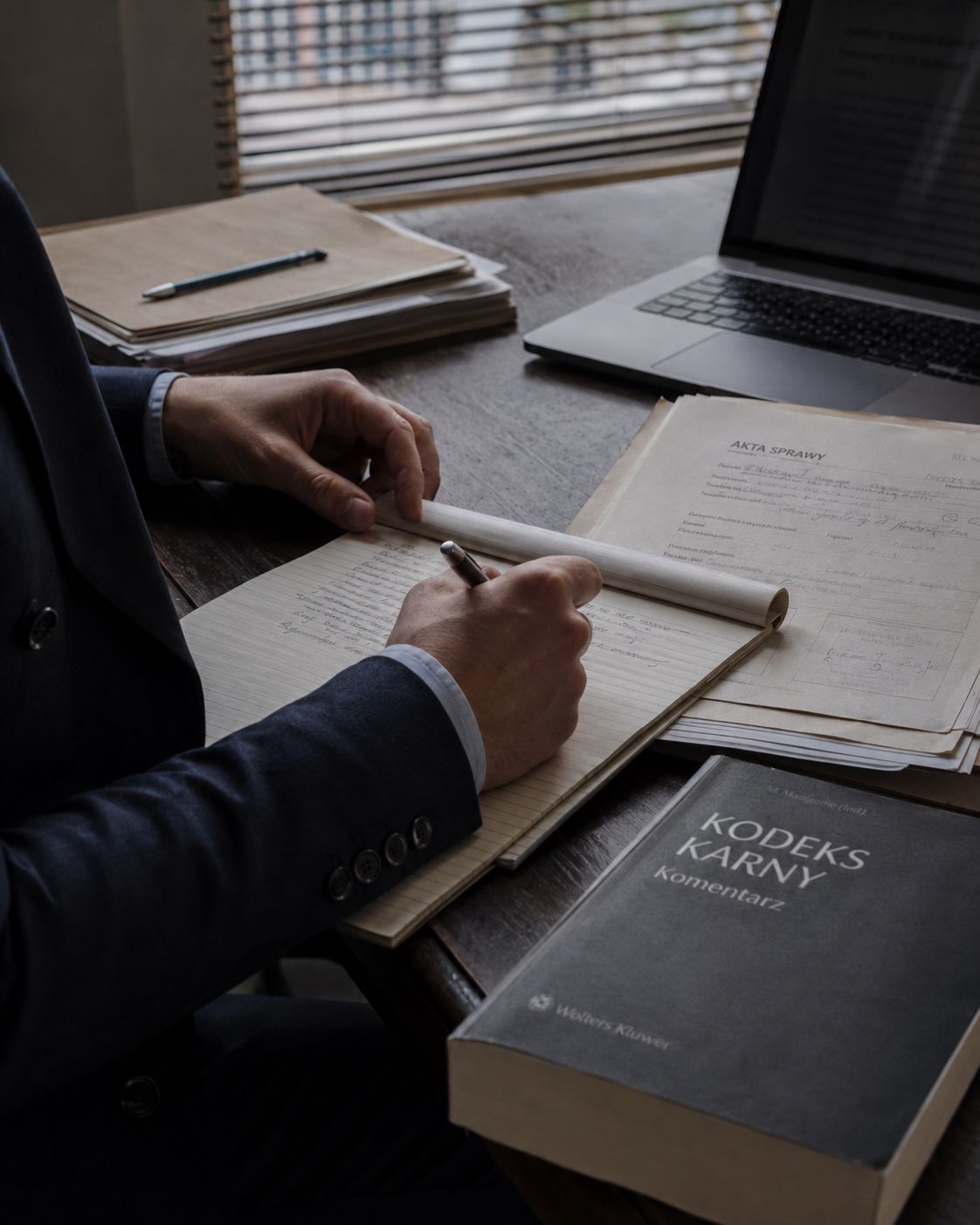 Person in a suit writes in a lined notebook at a desk with legal documents and a laptop nearby suggesting legal work