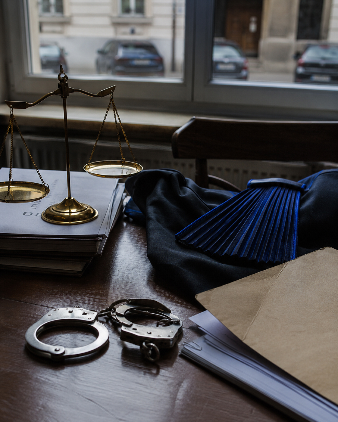 Gold balance scale on a desk next to legal books with handcuffs and a blue pleated garment nearby by a window showing parked cars outside