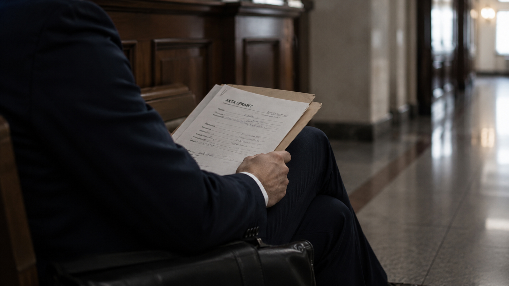 A person in a dark suit seated in a hallway holding a folder with a printed document titled AKTA SPRAWY