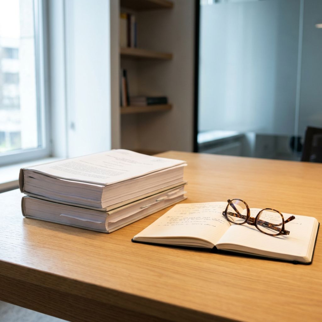 Open notebook with handwritten notes and a pair of glasses on a wooden desk a stack of large books sits nearby in a bright office setting