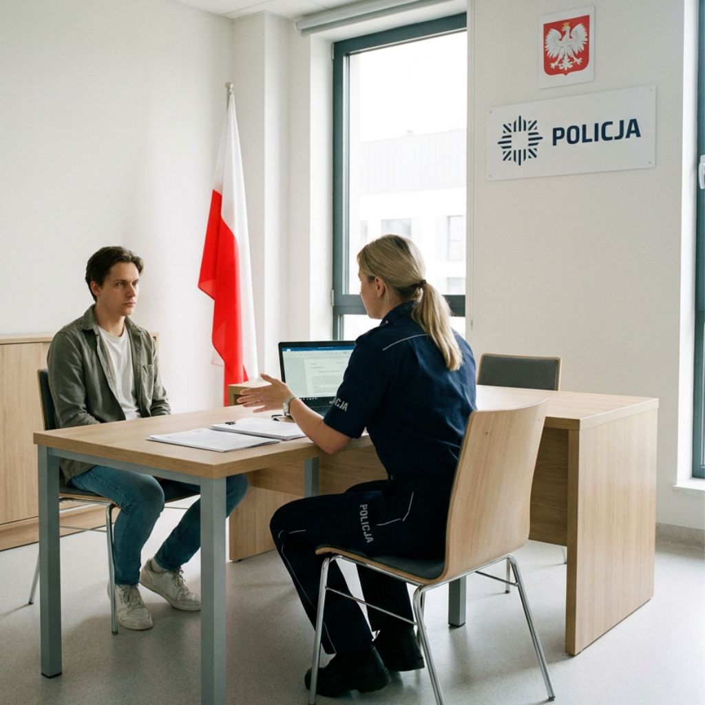 Polish police officer interviewing a young man at a desk in a police station Polish flag in the background