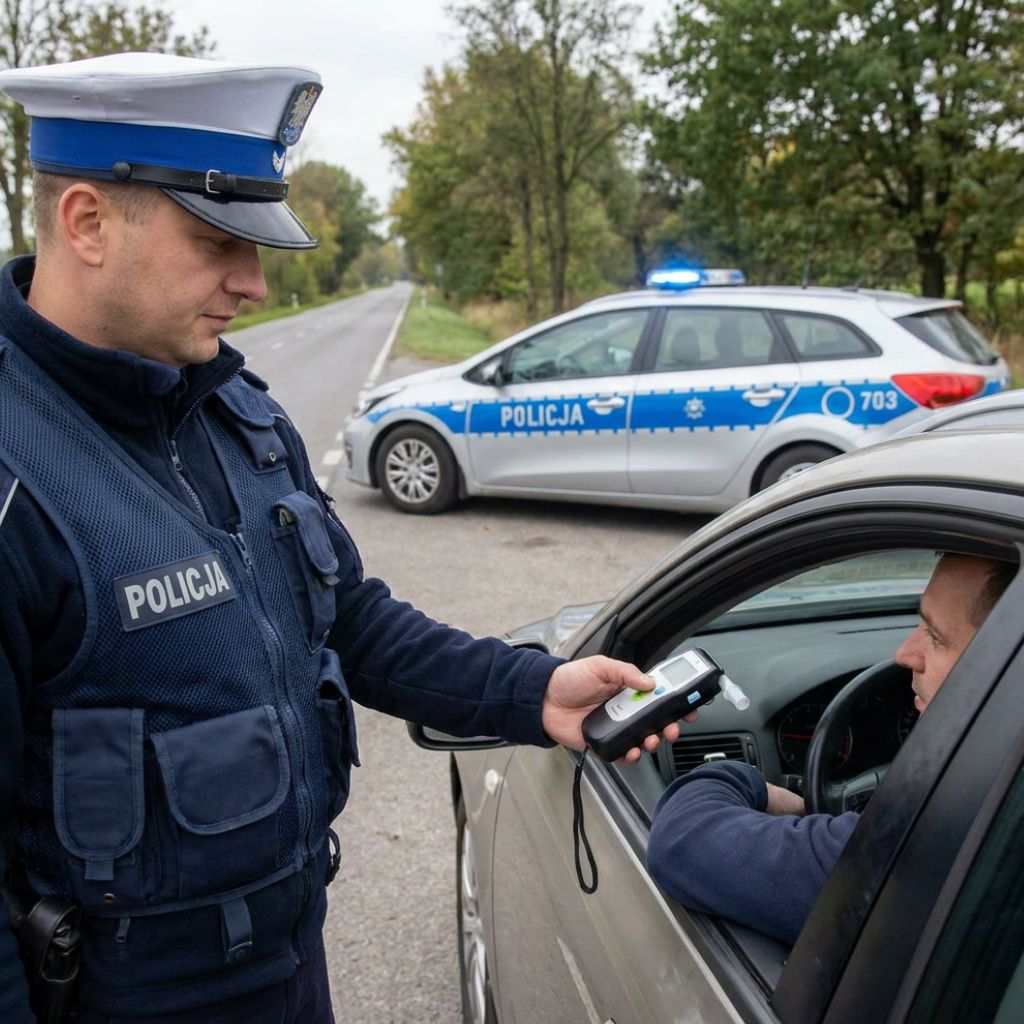 Policeman in POLICJA uniform giving a driver a breathalyzer test beside a parked police car on a tree lined road