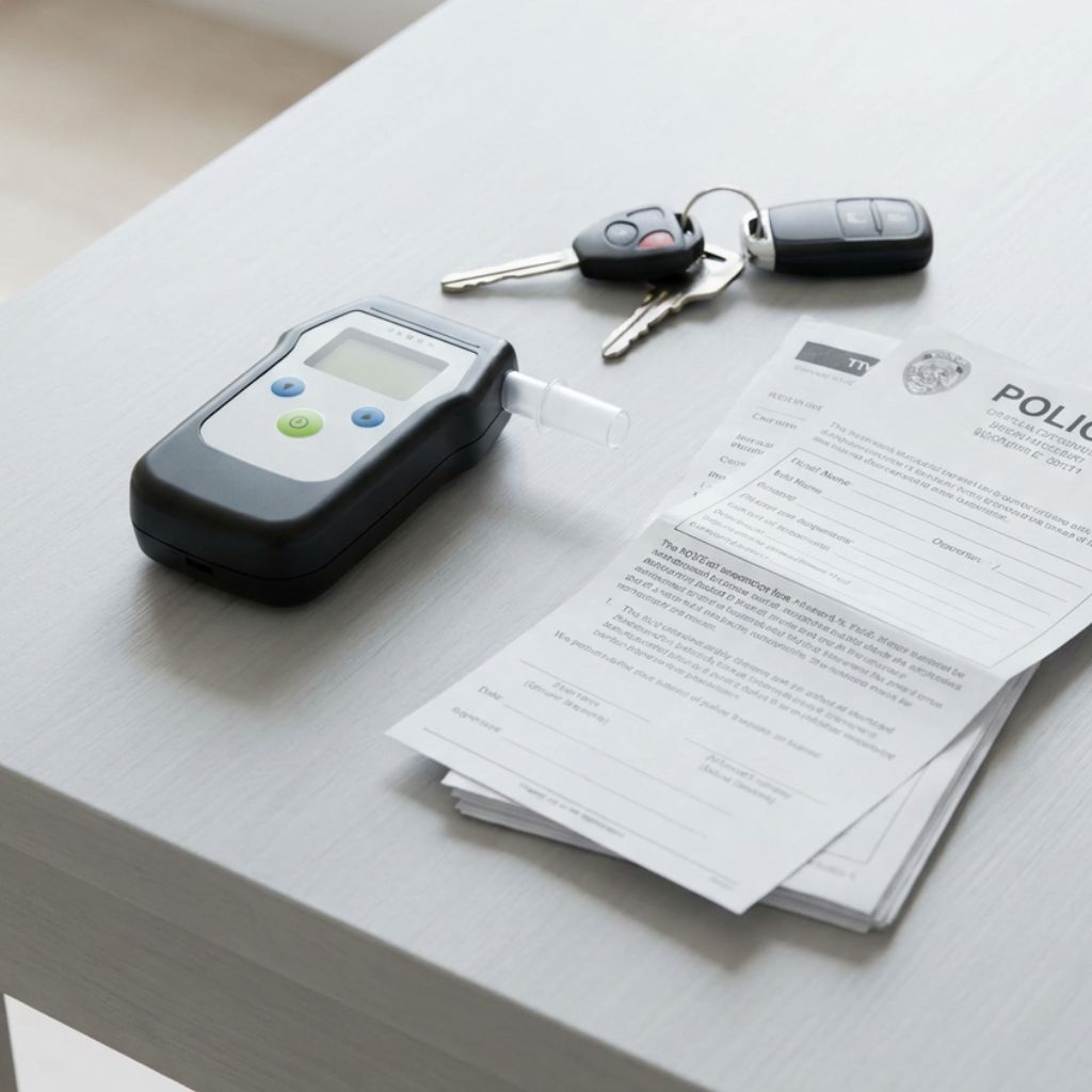 Breathalyzer device with a mouthpiece car keys and a police form on a light desk surface