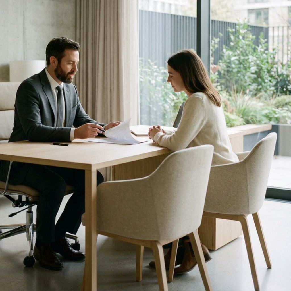 Man in a suit and woman in a light sweater sit across from each other at a wooden desk reviewing documents in a bright office