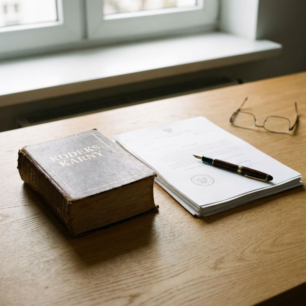 Desk scene with an old Polish Kodeks Karny book a stack of documents a fountain pen and reading glasses on a wooden surface by a window edge