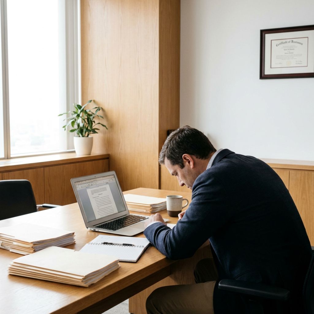 Man in a navy blazer sits at a wooden desk writing on a notebook beside an open laptop and stacked papers in a bright office