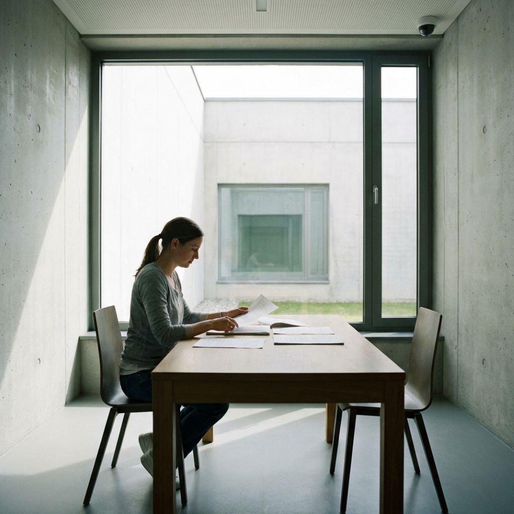 Woman sits at a wooden table reading papers in a bright concrete walled room by a large window