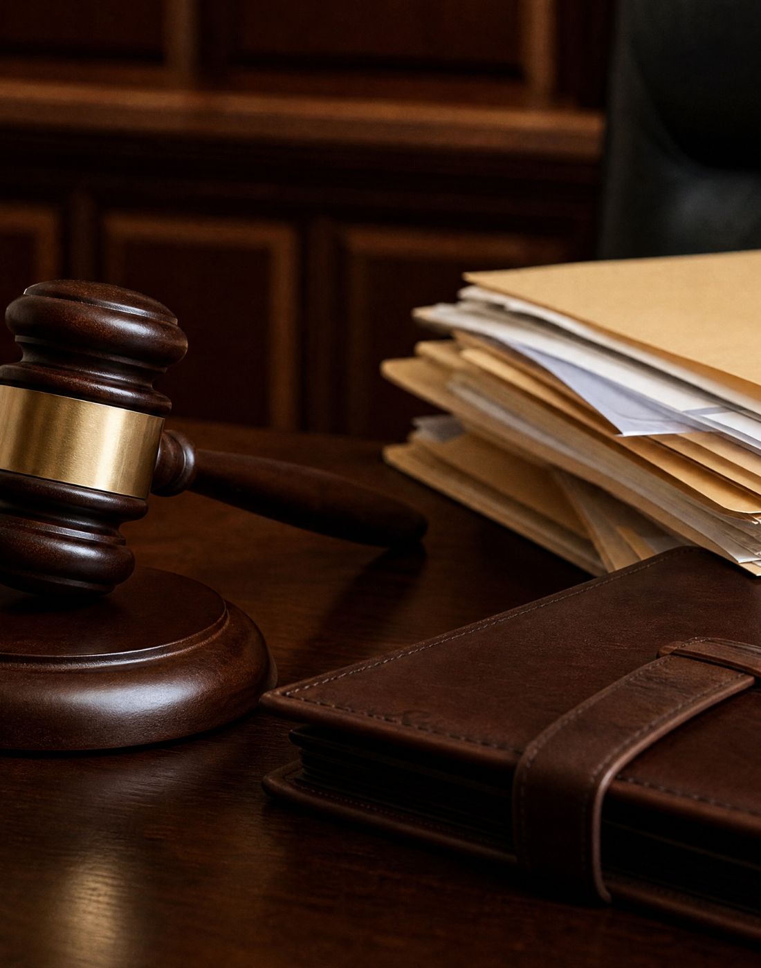 Judges gavel on a dark wooden desk beside a pile of manila folders and a brown leather binderportfolio
