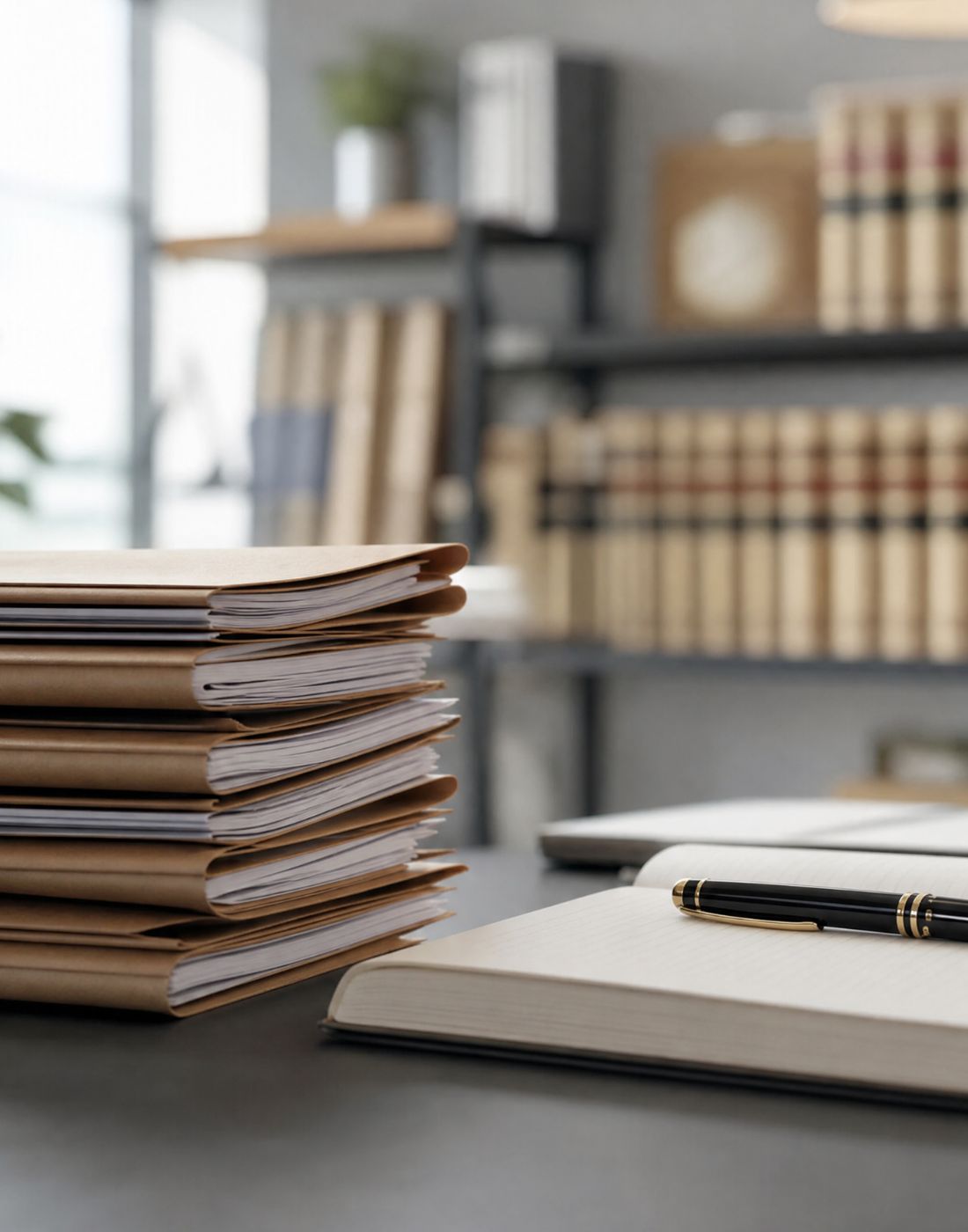 Stack of brown manila folders on a desk beside an open notebook and a pen with blurred bookshelves in the background