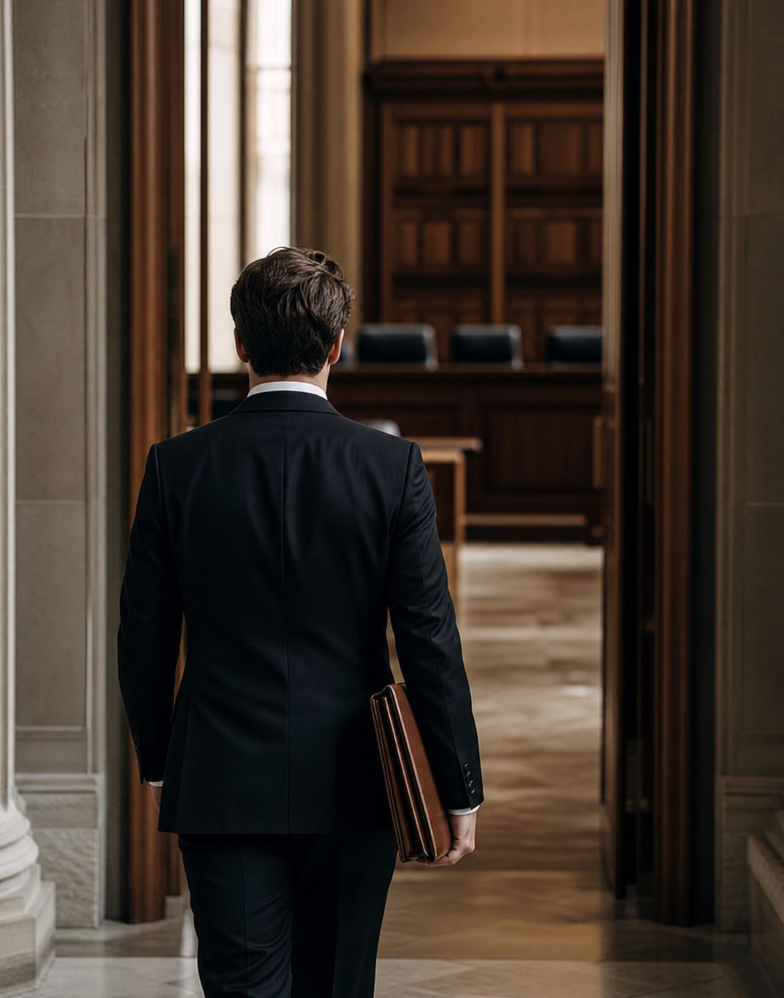 Back view of a man in a dark suit walking down a wood paneled hallway toward a courtroom briefcase in hand